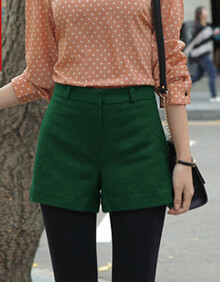 离题<em>秋冬</em>新款韩版大码女装<em>毛呢短裤</em>百搭修身绿