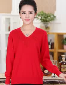 【幸福鹿】2014春装中老年<em>女装毛衣</em>纯色V领镶