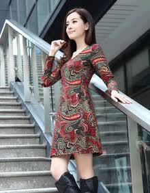 貂茵欧美复古印花修身显瘦<em>长袖</em>连衣裙秋中年女
