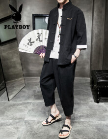 花花公子（PLAYBOY）中国风男装唐装夹克男士复古盘扣汉服外套大码古风休闲中山装开衫套装 A718黑色 2XL