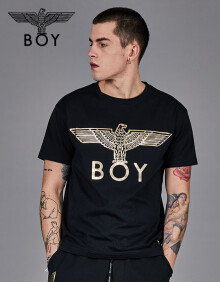 BOYLONDON 烫金LOGO情侣款短袖T恤男款2019新款B191NC701202 黑色 M