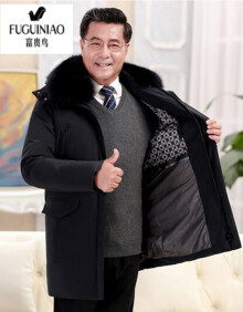 富贵鸟羽绒服男2019冬季新款中老年羽绒服兔毛领保暖加厚中长款羽绒服外套男商务休闲大码胖子爸爸装外套 藏青色 XL