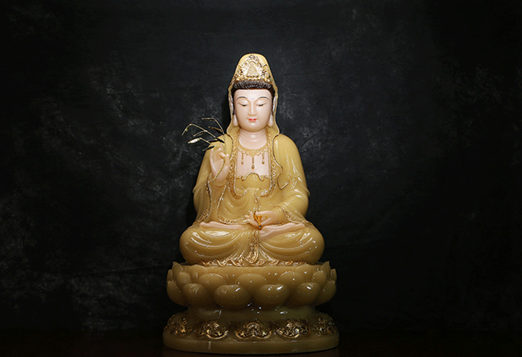 圆通佛具 汉白玉佛像摆件黄玉镶金观世音菩萨石雕娑婆