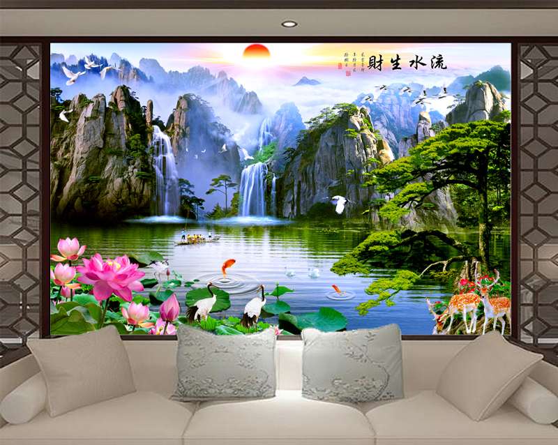 客厅电视背景墙墙布荷花沙发影视墙壁画中堂画壁布自然风景山水墙画