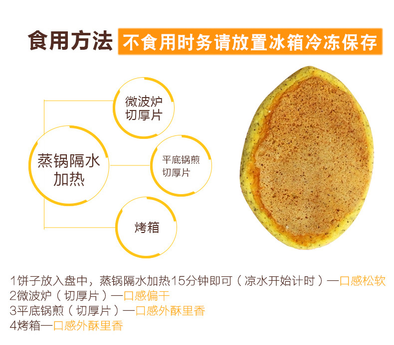 食用方法不食用时务请放置冰箱冷冻保存微波炉切厚片蒸锅隔水平底锅煎加热切厚片烤箱1饼子放入盘中,蒸锅隔水加热15分钟即可(凉水开始计时)一口感松软2微波炉(切厚片)一口感偏干3平底锅煎(切厚片)一口感外酥里香4烤箱一口感外酥里香-推好价 | 品质生活 精选好价