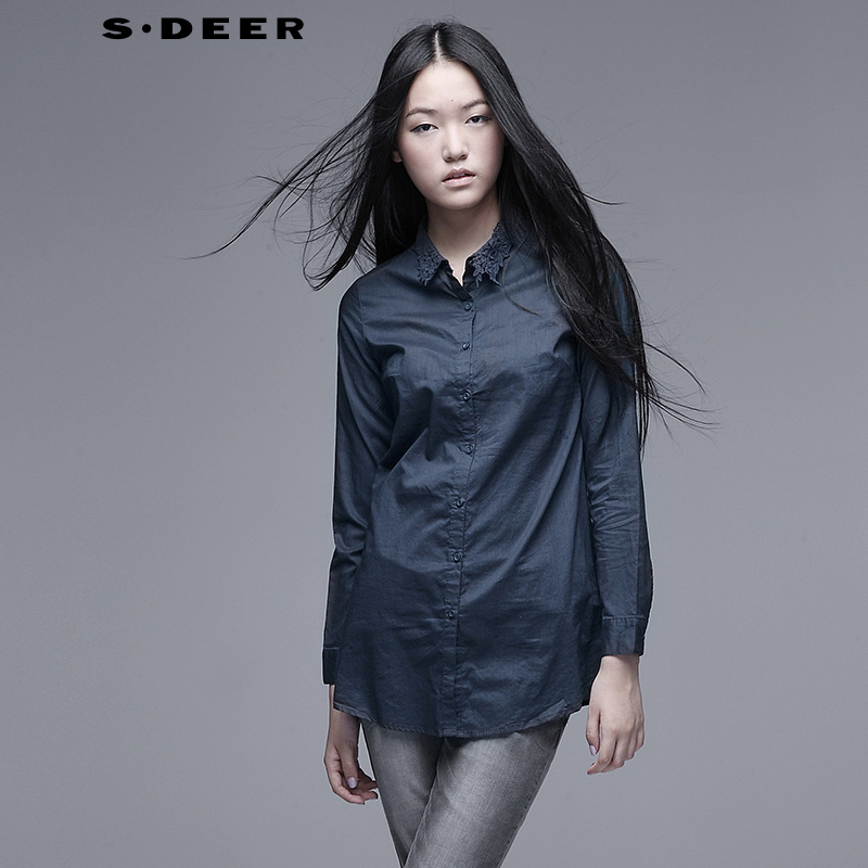 圣迪奥 sdeer 2015春装新款女装纯色勾花淑女长袖衬衫