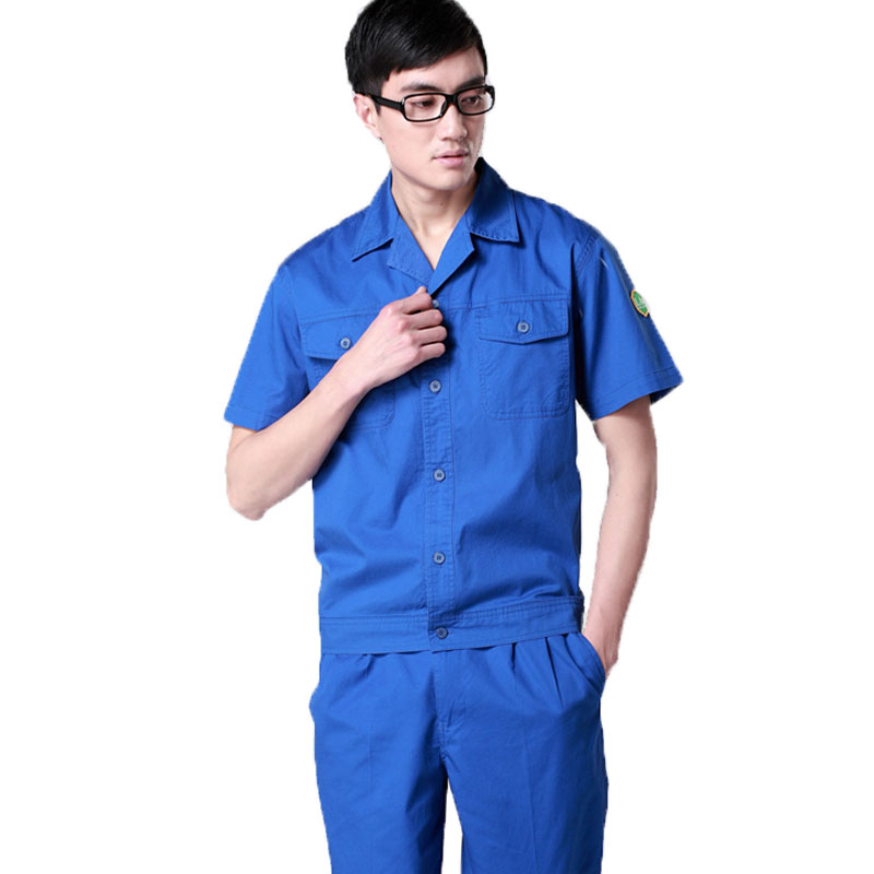 夏季短袖纯棉工作服劳保服制服套装排汗吸湿 蓝色 xxxl
