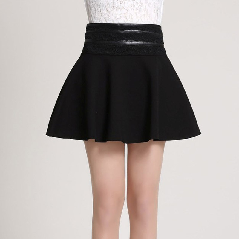 2015春装女裙子时尚pu皮条蕾丝拼接防走光短裙半身裙百搭黑色伞裙269