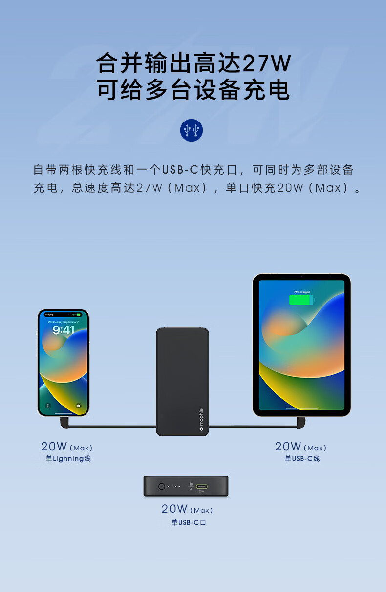 mophie自带线10000毫安充电宝 PD 20W双向快充便携小巧 苹果华为安卓手机移动电源 10000毫安20W双内置线电源-黑（苹果在售款)