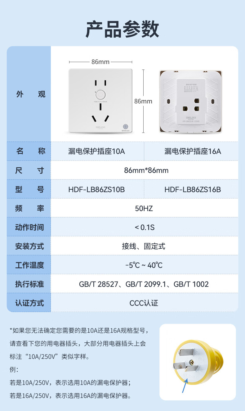 DELIXI Switch Socket Panel, 86-Type Universal Wall Socket, Electric Shock Prevention Circuit Breaker, 10A Five-Hole Leakage Protection Socket 2