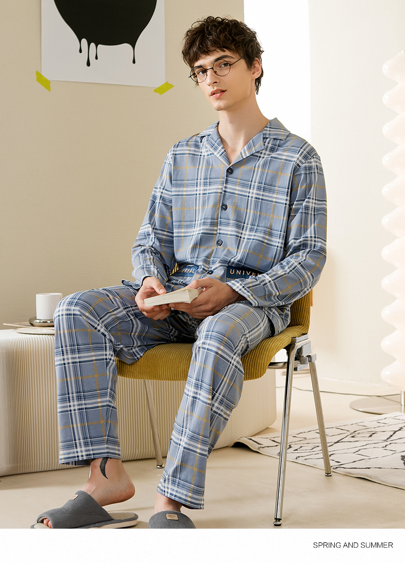 【芬腾男士长袖套装】芬腾 睡衣男春夏经典翻领英伦长袖简约复古格纹