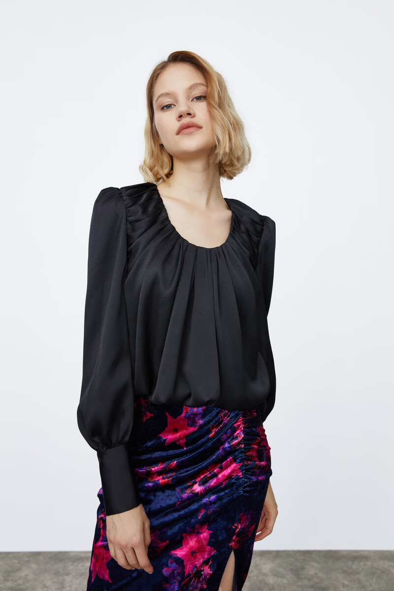 ur女装气质u型领长袖宽松薄款罩衫衬衫wj47s2cn2000 正黑 l