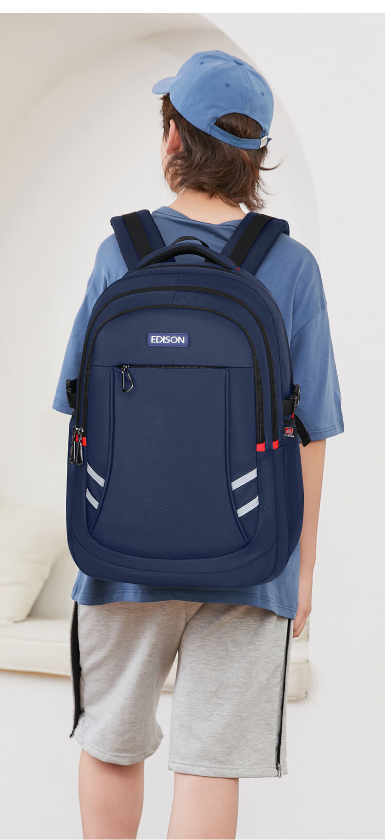 Edison High School Student Backpack with Spine Protection, Large Capacity, Water-Resistant, Reflective, Middle School Travel Backpack K056-1G Black 15