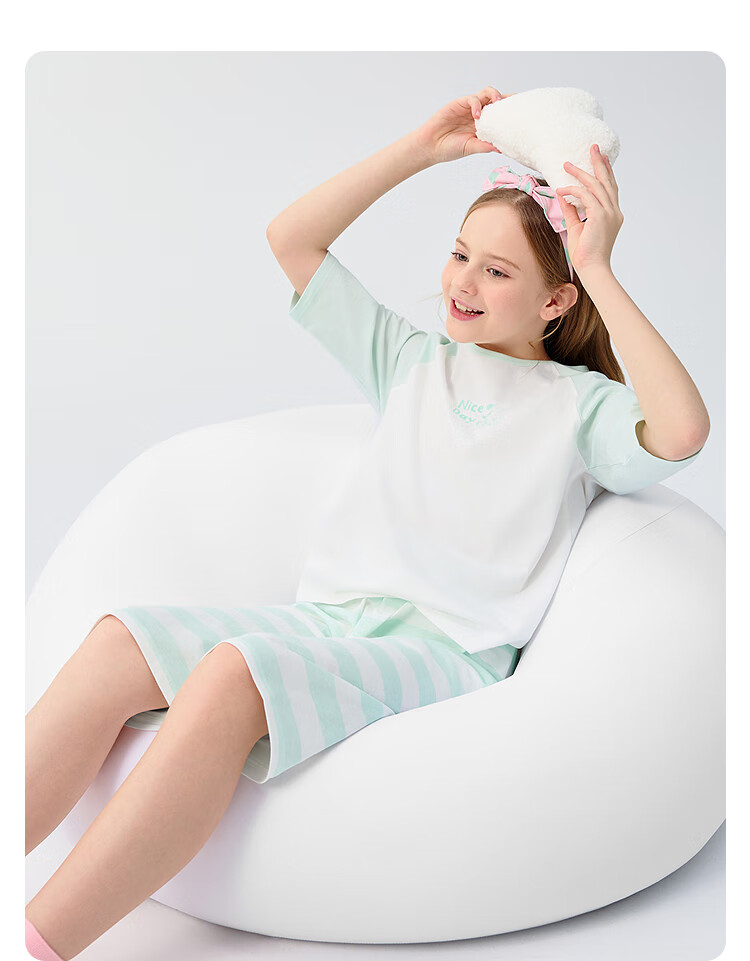 BALABALA Children's Pajama Set, Summer Air Conditioning Wear, Boys And Girls Home Wear, Big Kids Pure Cotton Baby Top And Sleep Pants 7