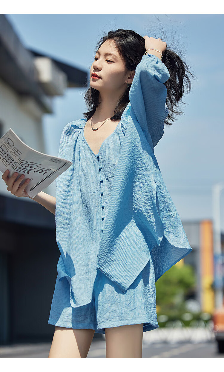 Dme [Cool Two-Piece Set], Summer V-Neck Mid-Sleeve Shirt Top And Shorts Set for Wome 8