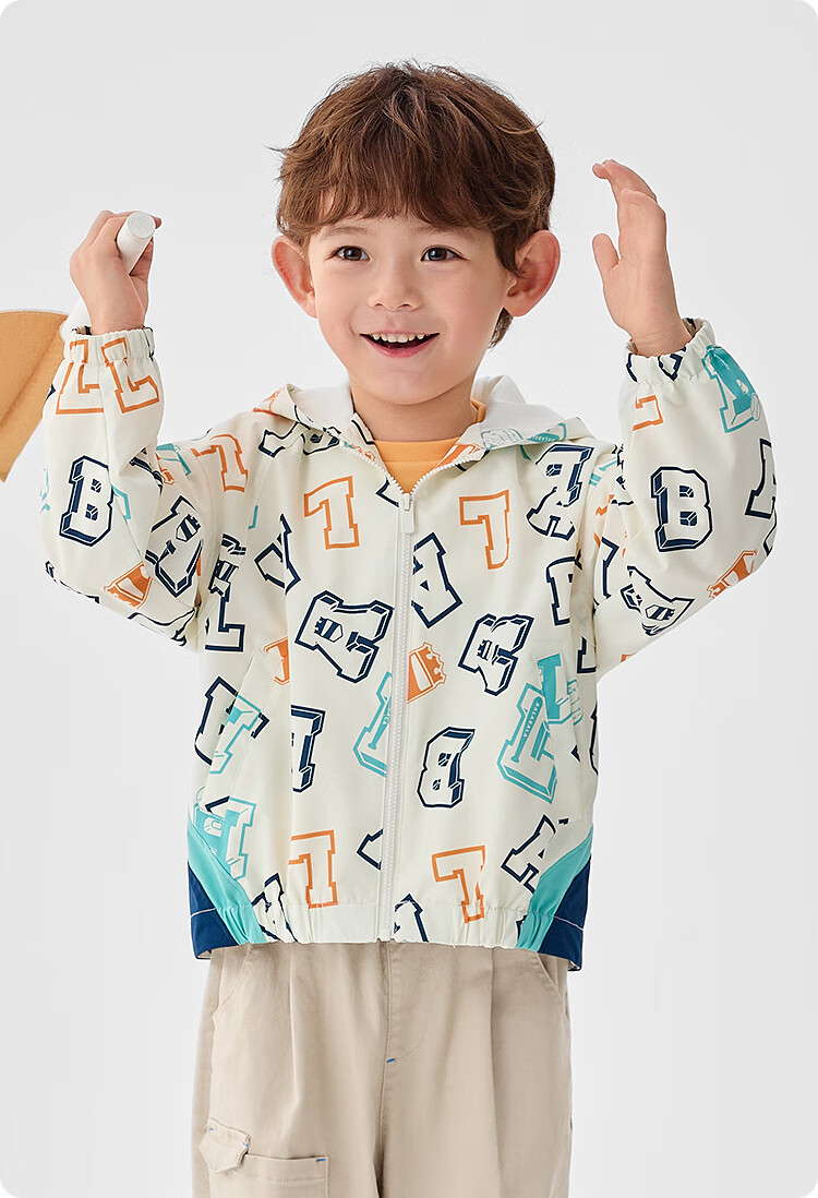 BALABALA Children's Outerwear, Boys' Spring And Autumn Jacket, Preppy Style Letter Hooded Top, Color-Block Outdoor Water-Repellent Soft Shell Coat 3