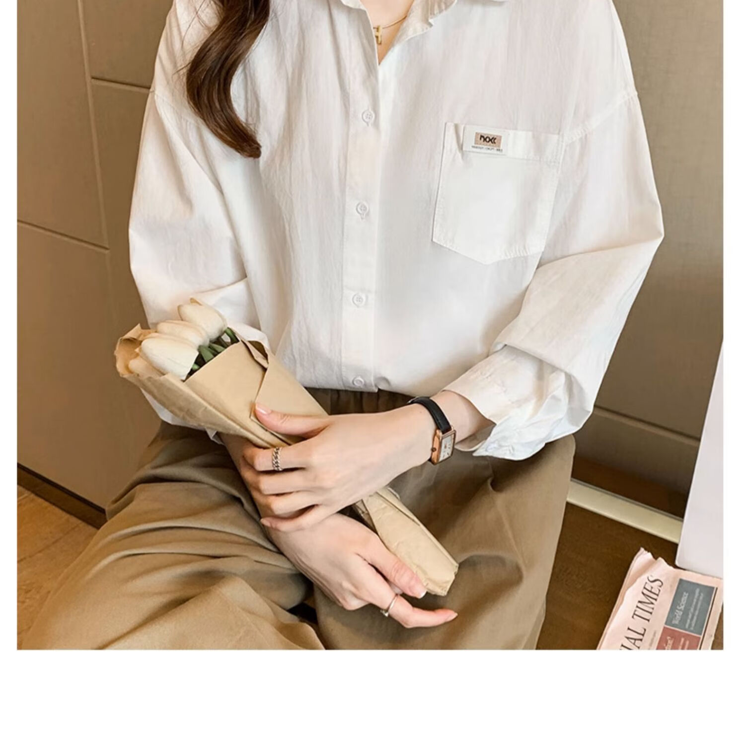 AOTUN Loose Pure Cotton Shirt Women New Ladies Top Base Shirt AT3594 White S 4
