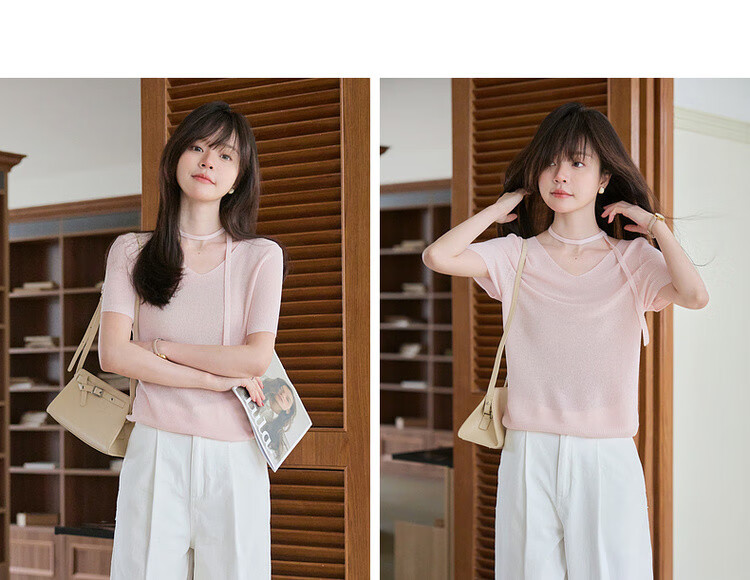Mt [Zhi Zhi Fen Li] Summer Elegant Ribbon Round Neck Short-Sleeve Sweater, High Elasticity Comfortable Concealing Knit Top for Wome 5
