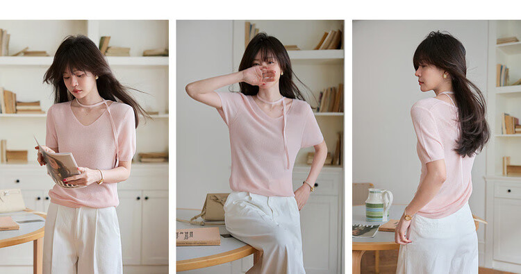 Mt [Zhi Zhi Fen Li] Summer Elegant Ribbon Round Neck Short-Sleeve Sweater, High Elasticity Comfortable Concealing Knit Top for Wome 3