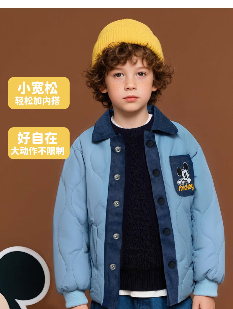 Disney Autumn Winter Boys' Casual Comfortable Versatile Warm Quilted Windproof Denim Jacket Black 120 1