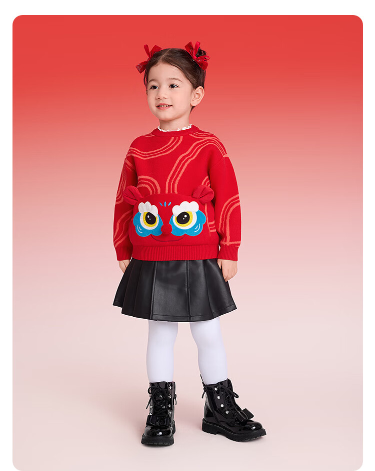 BALABALA 【balaOne】 Kids Sweater Girls Knitwear 2025 Winter Faux Two-Piece Jacquard Knit New Year Outfit 5