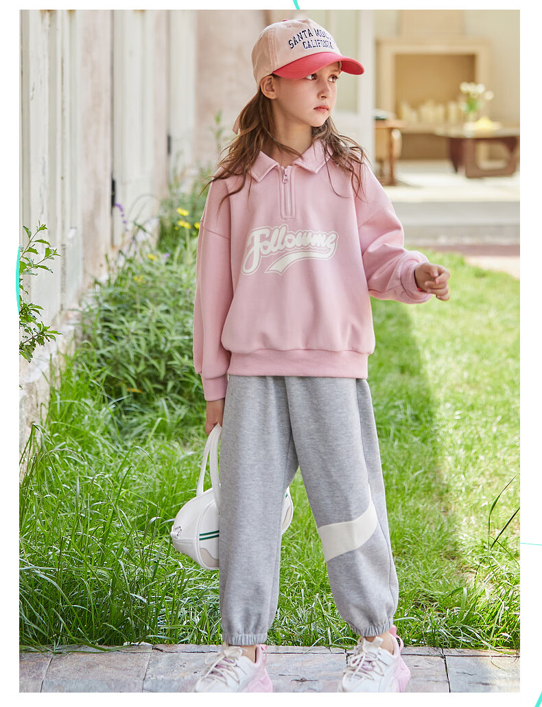 Fulomi Girls' Spring New Fashionable Casual Sweatshirt and Sweatpants Set Pink/Grey 165 2