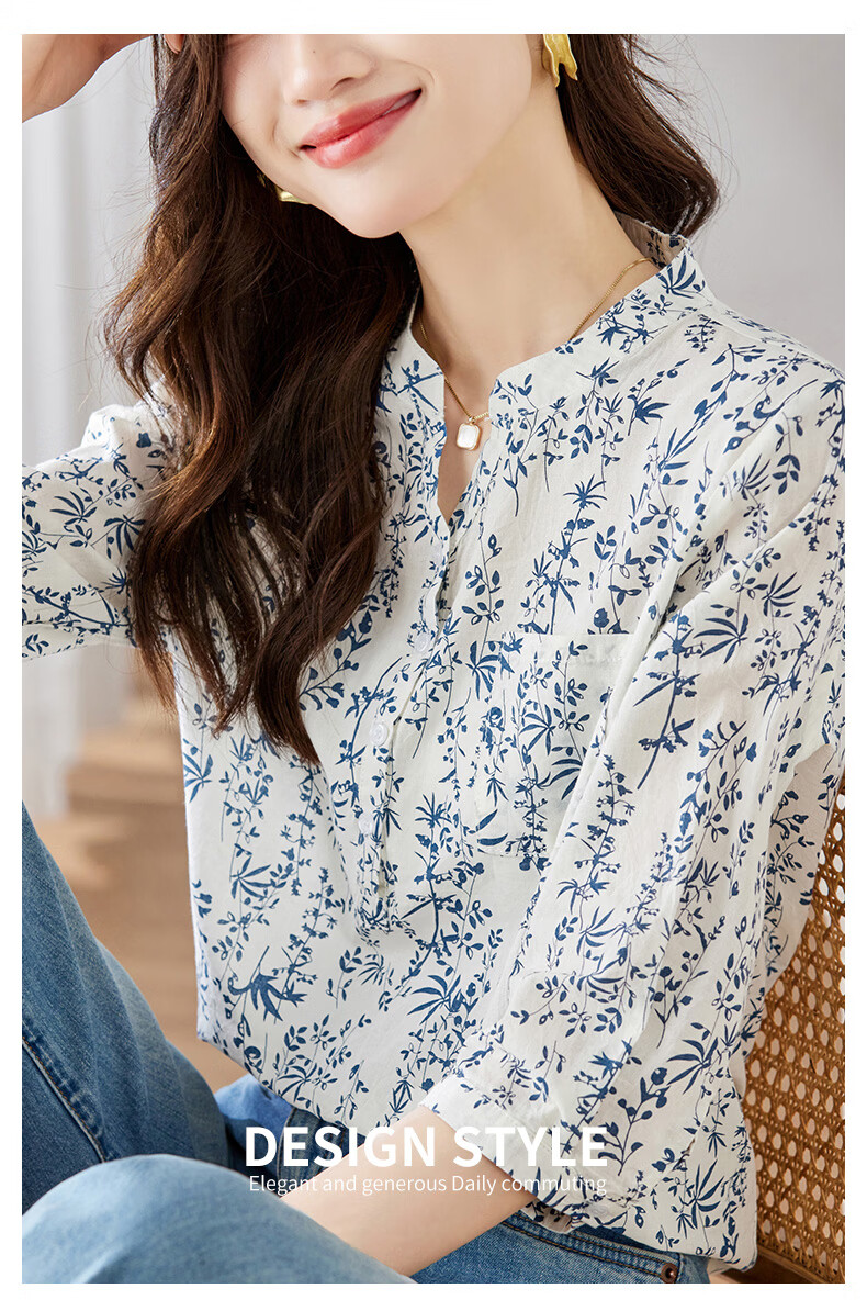 AOTUN Blue and White Porcelain Small Floral Print Women's Spring 3/4 Sleeve Cotton Shirt 35026 Blue and White Porcelain L 9