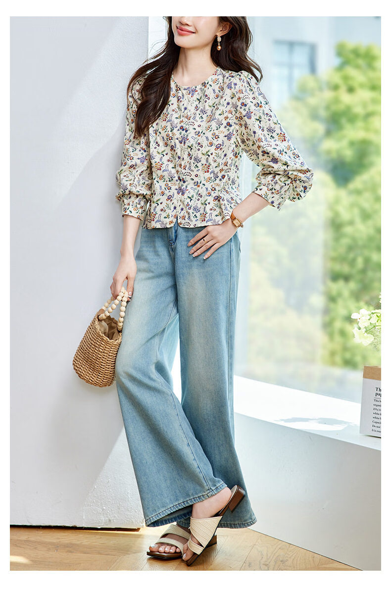 AOTUN Women's Long Sleeve Floral Shirt 2026 Spring Loose Casual Round Neck Blouse 47026 Image Color 2XL 8