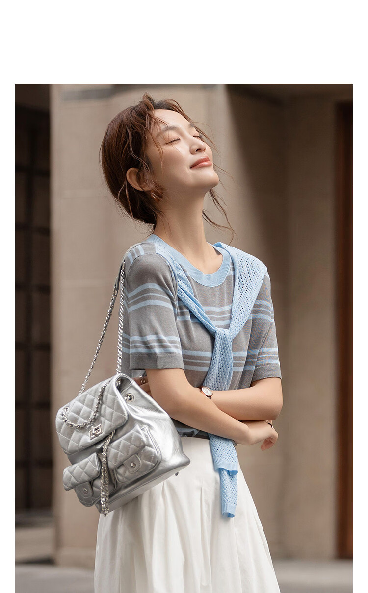 Demana Breathable Yarn Spring College Style Ribbon Striped Loose Slim Short Sleeve Women's Knit Sweater 11