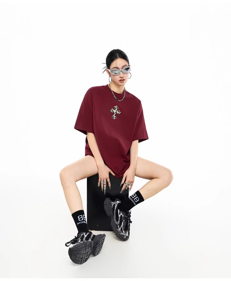 ICH MODE Leopard Print Cross Vintage Short Sleeve T-Shirt Women 2026 New Summer Round Neck Loose Sports Top Black S 17