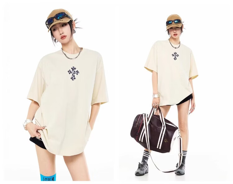 ICH MODE Leopard Print Cross Vintage Short Sleeve T-Shirt Women 2026 New Summer Round Neck Loose Sports Top Black S 22
