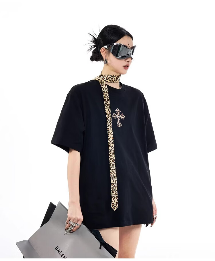 ICH MODE Leopard Print Cross Vintage Short Sleeve T-Shirt Women 2026 New Summer Round Neck Loose Sports Top Black S 6