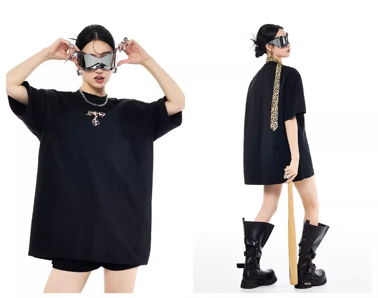 ICH MODE Leopard Print Cross Vintage Short Sleeve T-Shirt Women 2026 New Summer Round Neck Loose Sports Top Black S 9