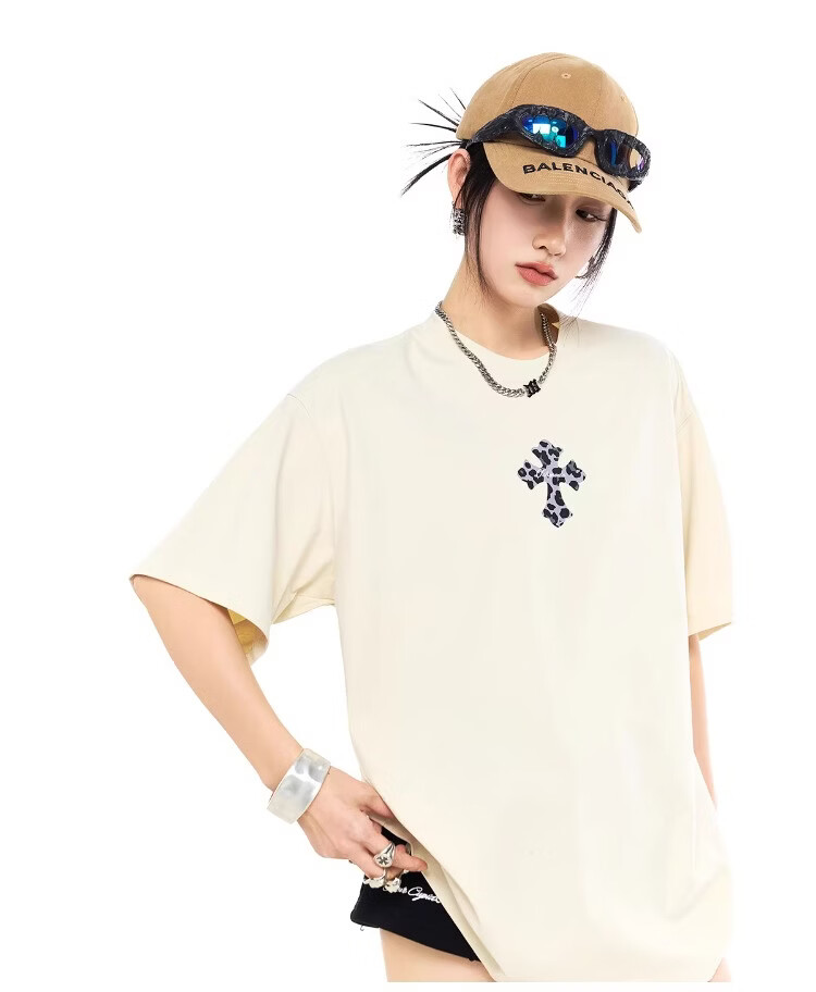 ICH MODE Leopard Print Cross Vintage Short Sleeve T-Shirt Women 2026 New Summer Round Neck Loose Sports Top Black S 21