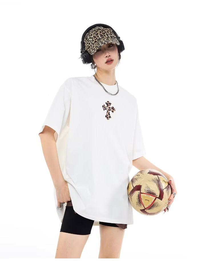 ICH MODE Leopard Print Cross Vintage Short Sleeve T-Shirt Women 2026 New Summer Round Neck Loose Sports Top Black S 10