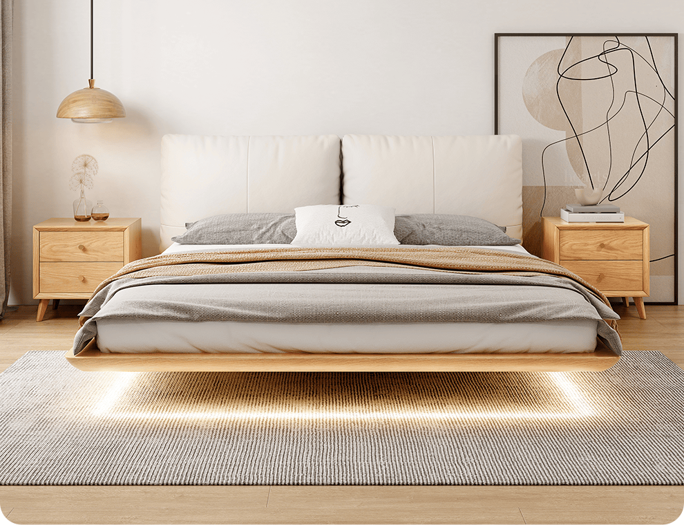 5小户型主卧双人床北欧简约原木风 悬浮床【无灯】