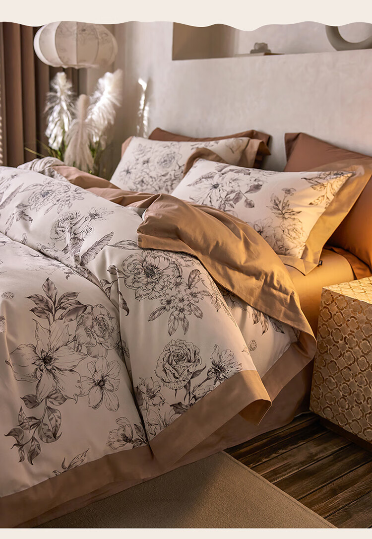 Dohia Home Textiles, Pure Cotton Four-Piece Bedding Set, 50-Count Luxury Pure Cotton French-Style Bedsheet And Duvet Cover Set, for 1.8m Bed, 220*240cm Wide Edge Style 10