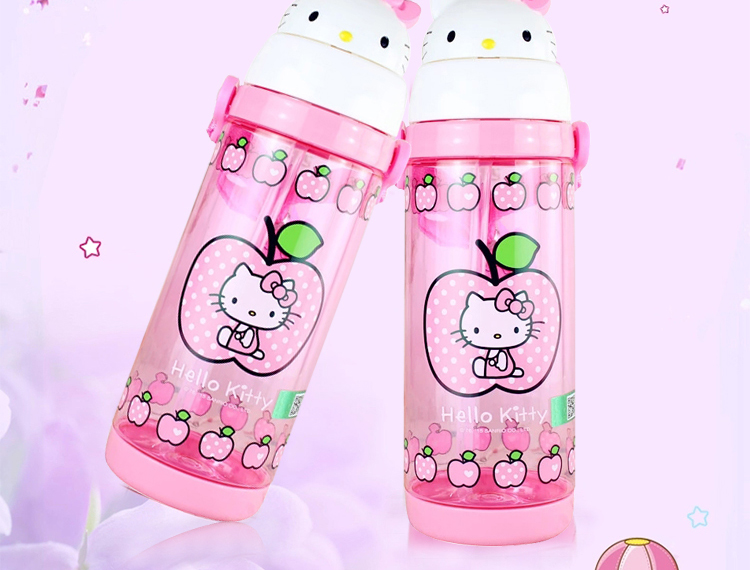 HELLO KITTY凯蒂猫儿童水杯 Tritan材质学生带吸管便携运动水壶防漏塑料旅行杯子 550ML 粉红色
