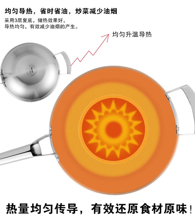 拜格BAYCO炒锅 32cm全钢中式多层不锈钢 无烟不粘电磁炉通用BG1140