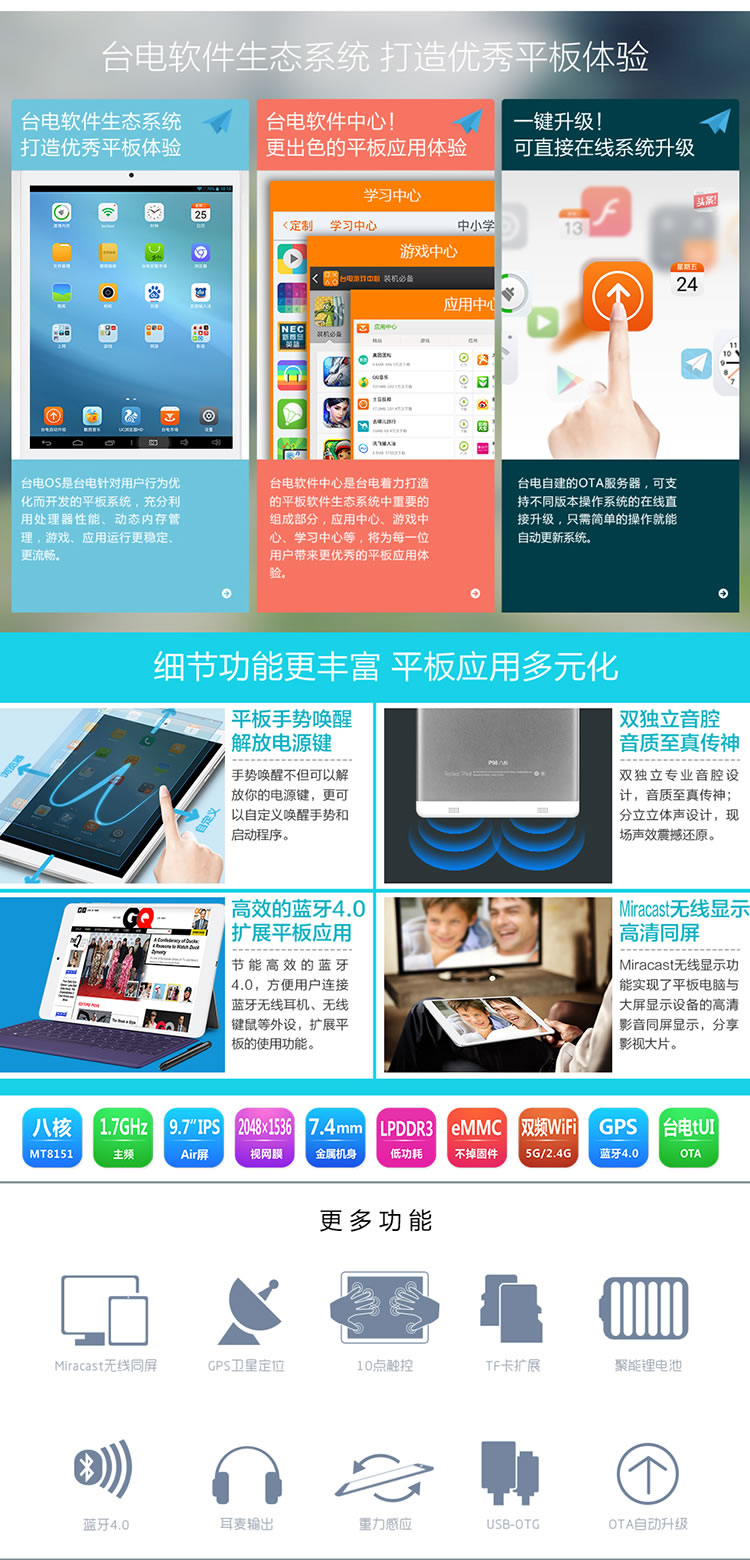 台电（Teclast） P98 八核 平板电脑 9.7英寸(MT8151八核 Air视网膜屏 超薄7.4mm)前白后银