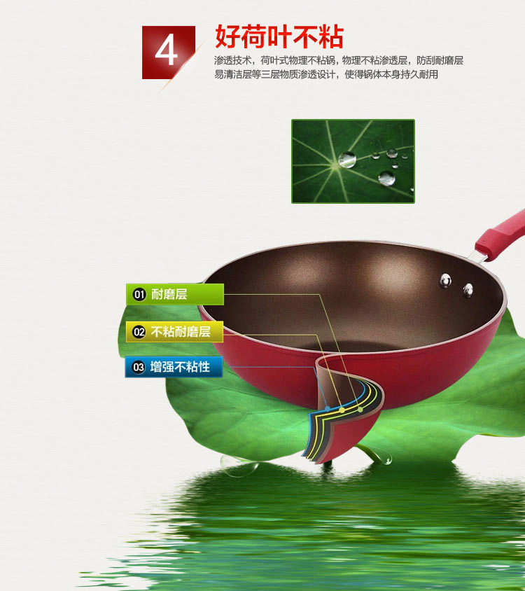 三禾（sanho）炒锅 彩虹系列30cm红色炒锅CLF3000-2 可立盖不粘锅无油烟燃气电磁炉通用