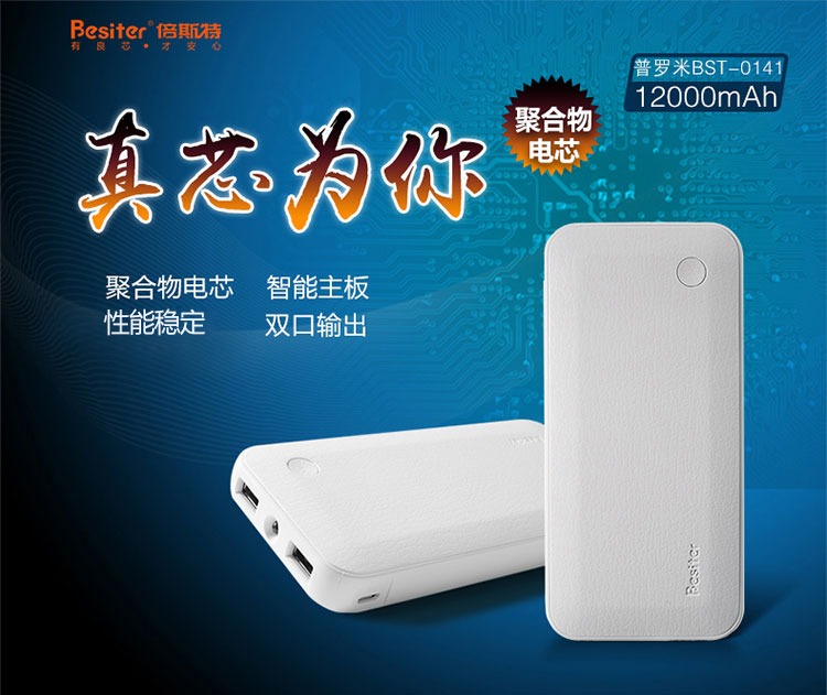 
                                        
                                                            倍斯特（Besiter）12000毫安 移动电源/充电宝 聚合物 双USB输出 苹果/安卓/手机/平板通用 普罗米0141 白色                
