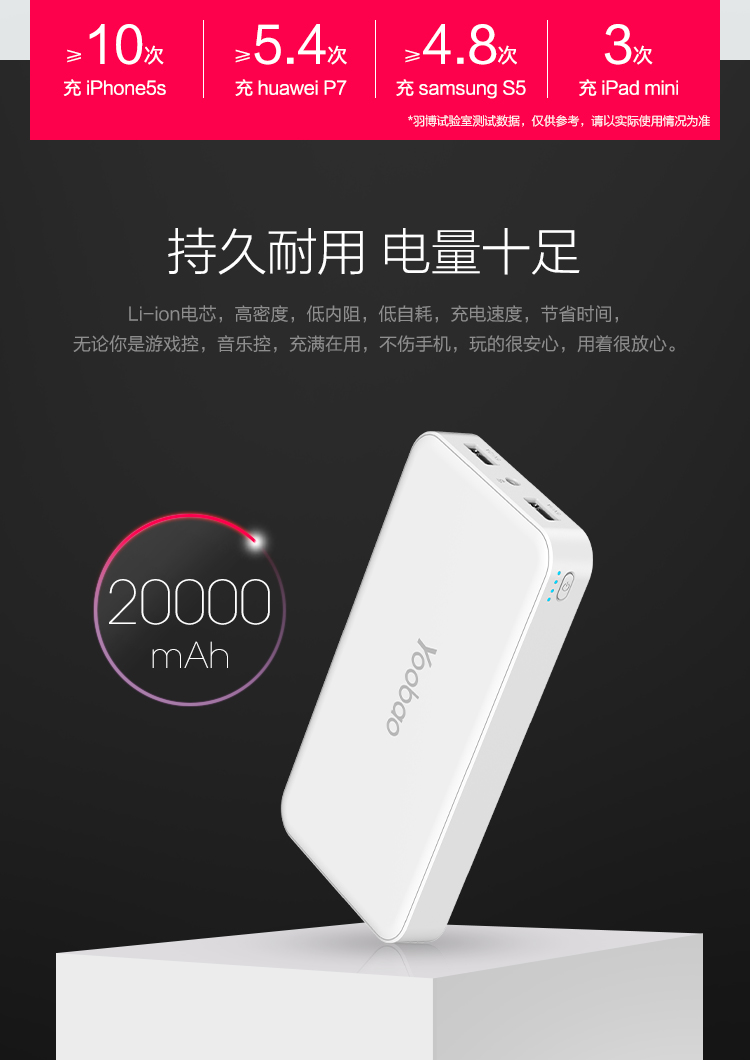 羽博 20000毫安 S9 双USB输出 移动电源/充电宝 白色 通用手机平板 数据线座充组合套装
