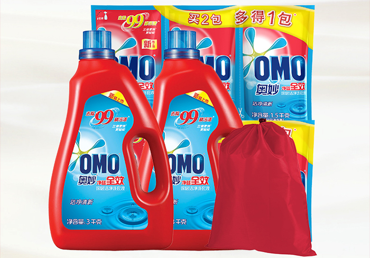 奥妙(omo)【热销之星】净蓝全效洗衣液3kg×2 补充装500g×6 收纳袋