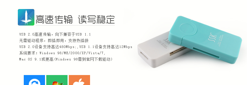 SSK飚王 SCRM053闪灵四合一读卡器 支持TF\SD\MS等手机相机卡 白色
