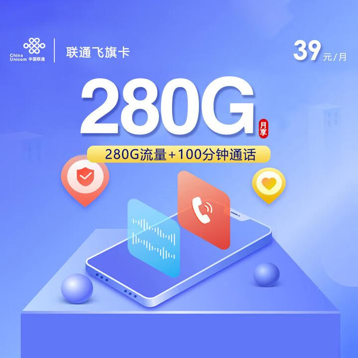 4年优惠|联通飞旗卡39元包280G全国通用流量+100分钟通话+4年视频会员【仅限18-28周岁用户办理】