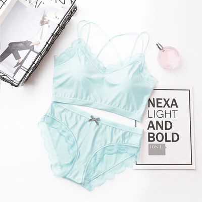 

2019 New Sexy Cross Back Bra Set Lace Side Beauty Back Anti-light Casual Bra Wireless Soft Bralette&Lace Side Brief