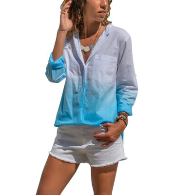 

Gradient color printing fashion V-neck long-sleeved blouse loose casual top single-breasted fashion shirt
