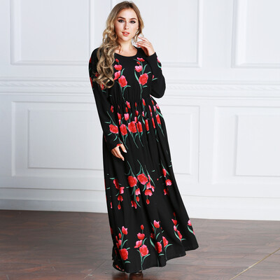 

New Fashion Plus Size Maxi Dress Rose Print O Neck Long Sleeve Elastic Waist Long Dress Black