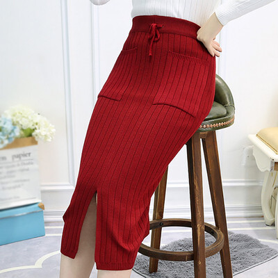 

Autumn winter women knitted skirt elastic waist stretch side split step skirt package hip Slim ladies solid color skirt